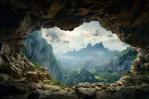 panoramique vue de le vallée de le grotte. Montagne paysage, magnifique sommet de la montagne paysage vue de une gros grotte, ai généré photo