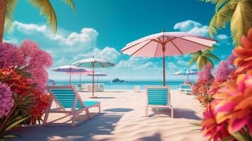 paysage de une été plage avec coloré parapluies et plate-forme chaises contre le Contexte de le mer.ai généré photo