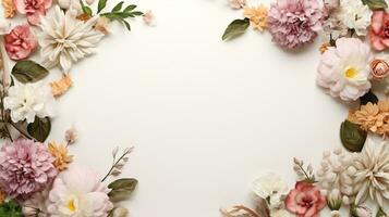 magnifique floral Cadre sur blanc arrière-plan, plat poser. espace pour texte photo
