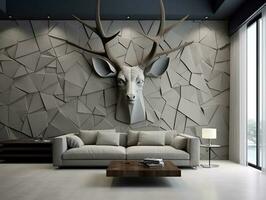 3d moderne intérieur vivant pièce avec stéréo cerf animal et abstrait géométrique fissure pierre génératif ai photo