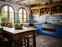 moderne artisanal cuisine avec bleu carrelage et traditionnel catalan architecture génératif ai photo