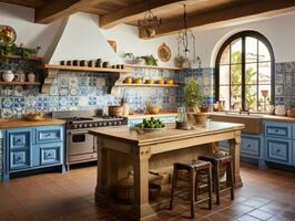 moderne artisanal cuisine avec bleu carrelage et traditionnel catalan architecture génératif ai photo