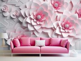 vivant pièce avec abstrait géométrique carrés et rose fleur mural mur art génératif ai photo