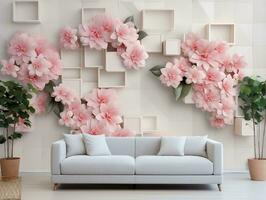 vivant pièce avec abstrait géométrique carrés et rose fleur mural mur art génératif ai photo