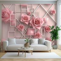 vivant pièce avec abstrait géométrique carrés et rose fleur mural mur art génératif ai photo