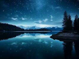 une frappant mur art photographier capturer le beauté de une étoilé nuit ciel au dessus une serein Lac génératif ai photo