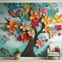 multicolore fleur avec feuilles et papillons au dessus sur le arbre illustration Contexte. 3d abstraction intérieur mur art décor fond d'écran génératif ai photo