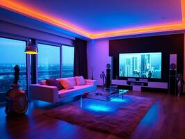 moderne intelligent vivant pièce avec multicolore LED lumière génératif ai photo