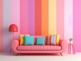 pastel multicolore vibrant sensationnel rétro rayé Contexte mur Cadre avec brillant canapé intérieur Accueil conception génératif ai photo