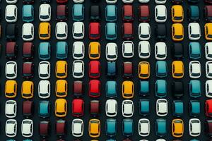 Haut vue de une rangée de voitures sur une foncé Contexte photo