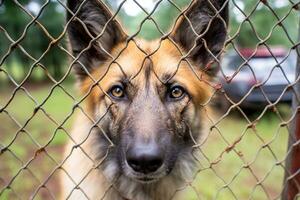 mignonne peu chien dans cage sur lumière Contexte. animal abuser de concept. ai génératif photo