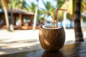 gratuit photo noix de coco cocktail avec en buvant paille sur une paume arbre dans le plage la photographie ai produire