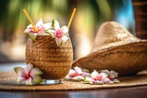 gratuit photo noix de coco cocktail décoré plumeria, paille chapeau et des lunettes de soleil sur le table la photographie ai produire