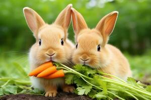 deux lapins grignoter sur deux carottes dans le jardin. photo