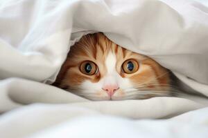 chat dans lit en dessous de le couverture photo