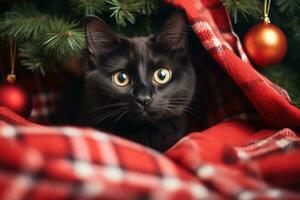 chat dans rouge chandail en dessous de le Noël arbre photo