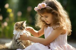 fille en jouant avec une chat avec une ruban dans le jardin photo