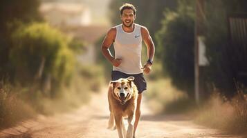 une homme le jogging avec le sien chien photo