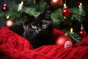 chat dans rouge chandail en dessous de le Noël arbre photo