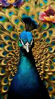 magnifique paon avec plumes sur une coloré Contexte. fermer. ai génératif photo