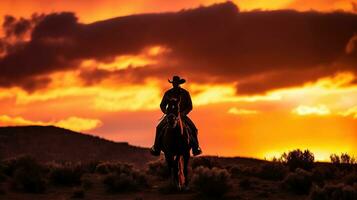 silhouette de une la personne dans le le coucher du soleil. silhouette de une cow-boy pendant une glorieux le coucher du soleil. ai génératif photo
