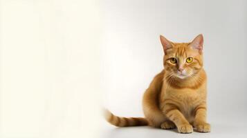 un Orange tigré chat séance sur une blanc Contexte ai génératif photo