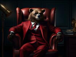 une Stock marché ours dans une costume séance dans une rouge chaise ai génératif photo