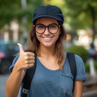 femme portrait montrant en haut les pouces en haut photo