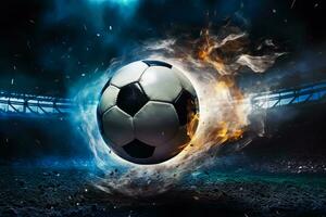 football Balle dans Feu flammes sur le Contexte de le stade. photo