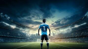 football joueur sur le champ de stade à nuit. photo