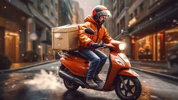 livraison homme sur scooter avec des boites dans le ville. livraison un service concept. photo