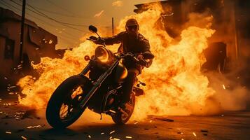 courses moto dans flammes. motocycliste sur une moto dans fumée. photo