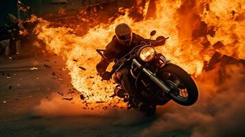 courses moto dans flammes. motocycliste sur une moto dans fumée. photo