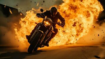 courses moto dans flammes. motocycliste sur une moto dans fumée. photo