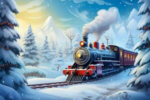 vapeur locomotive sur le Contexte de le hiver paysage. photo