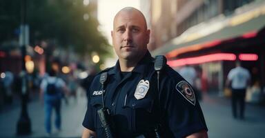 police officier patrouilles ville rue avec vigilance. photo