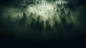 de bonne heure Matin lumière du soleil illumine épais atmosphérique brouillard enveloppant une forêt de des arbres comme vu de au dessus par une drone. silhouette concept photo