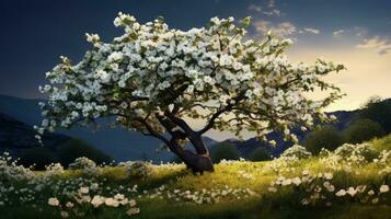 épanouissement Pomme arbre avec blanc fleurs. silhouette concept photo