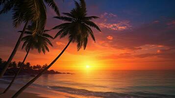 silhouettes de paume des arbres sur une tropical plage à le coucher du soleil photo