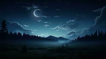le lune dans le tranquille forêt en dessous de une foncé nuit ciel sans pour autant tout contribution de nasa. silhouette concept photo