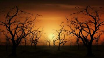 sinistre le coucher du soleil nu arbre grandes lignes. silhouette concept photo