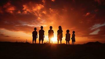 les enfants s grandes lignes à crépuscule. silhouette concept photo