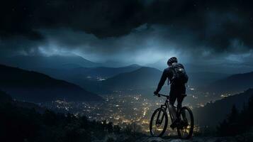 une cycliste par le ville lumières un haut une Montagne. silhouette concept photo