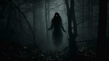 terrifiant femelle fantôme avec noir cheveux dans une foncé forêt. silhouette concept photo