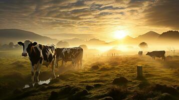 laitier vaches dans rural Irlande pâturage à lever du soleil dans une brumeux prairie. silhouette concept photo