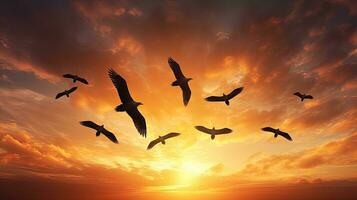 des oiseaux dans le ciel en volant dans formation. silhouette concept photo