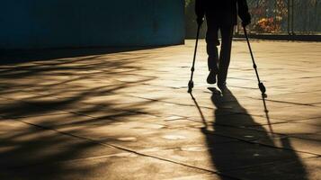 personnes âgées la personne avec une canne ombres sur le route symbolisant vieux âge et colonne vertébrale mixte maux. silhouette concept photo