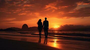 plage le coucher du soleil silhouette de une couple photo