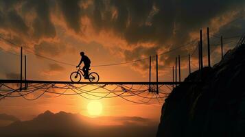 vélo ombre sur suspension pont. silhouette concept photo