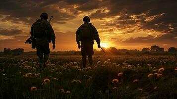 paire de soldats à coucher. silhouette concept photo